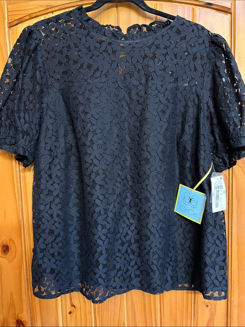 CeCe Black Floral Lace Short Sleeve Top